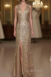 Sexy Leg Split Open Back Mermaid Sequins Evening Prom Dresses