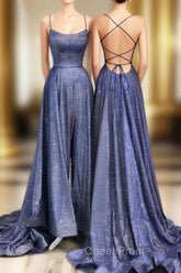Sexy Long A-line Spaghetti Straps Backless Ruffles Evening Prom Dresses with Slit