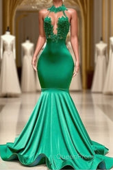 Sexy Long Green Lace Evening Prom Dresses Open Back Mermaid Halter Dresses