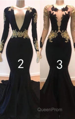 Sexy Long Sleeve Black Gold Evening Prom Dresses V Neck Appliques Formal Dresses