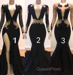 Sexy Long Sleeve Black Gold Evening Prom Dresses V Neck Appliques Formal Dresses
