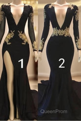 Sexy Long Sleeve Black Gold Evening Prom Dresses V Neck Appliques Formal Dresses