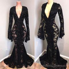 Sexy Long Sleeves Black Mermaid Prom Dress Lace V-neck Long