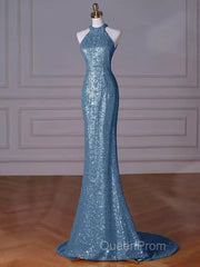 Sexy Mermaid Halter Sequin Blue Floor Length Evening Prom Dresses