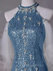 Sexy Mermaid Halter Sequin Blue Floor Length Evening Prom Dresses