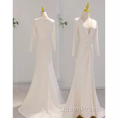 Sexy Mermaid Long Sleeves V Neckline Satin White Long Wedding Dresses Brides Dresses