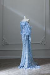 Sexy Mermaid Off The Shoulder Blue Sequin Long Evening Prom Dresses Evening Gowns