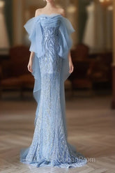 Sexy Mermaid Off The Shoulder Blue Sequin Long Evening Prom Dresses Evening Gowns