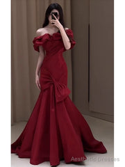 Sexy Mermaid Off The Shoulder Burgundy Satin Floor Length Evening Dress Prom Dresses