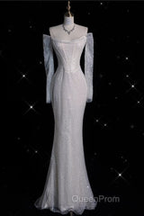 Sexy Mermaid Off The Shoulder White Sequin Long Sleeves Wedding Dresses Brides Dresses