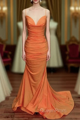 Sexy Mermaid Orange Satin Evening Prom Dresses