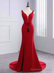Sexy Mermaid Red Satin V-neck Backless Prom Dress With Sash