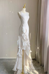 Sexy Mermaid Scoop Satin Night Party Dresses White Long Evening Prom Dresses