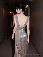 Sexy Mermaid Sequin Backless Floor Length Evening Dress Prom Dresses