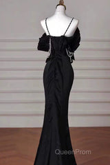 Sexy Mermaid Spaghetti Straps Black Long Formal Dresses Satin Evening Prom Dresses