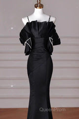 Sexy Mermaid Spaghetti Straps Black Long Formal Dresses Satin Evening Prom Dresses