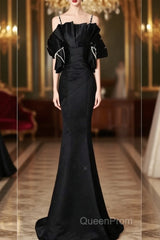Sexy Mermaid Spaghetti Straps Black Long Formal Dresses Satin Evening Prom Dresses