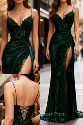 Sexy Mermaid Spaghetti Straps Dark Green Lace Backless Evening Prom Dresses Long Party Dresses