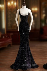 Sexy Mermaid Spaghetti Straps Sequin Black Long Evening Prom Dresses
