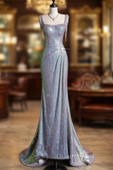 Sexy Mermaid Spaghetti Straps Sequin Silver Evening Gowns Long Evening Prom Dresses