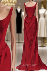 Sexy Mermaid Square Neckline Red Satin Floor Length Evening Prom Dresses