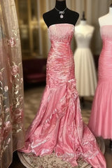 Sexy Mermaid Strapless Pink Satin Long Evening Dresses Party Dresses Evening Prom Dresses
