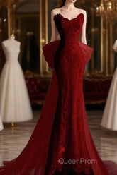 Sexy Mermaid Strapless Red Lace Long Evening Prom Dresses