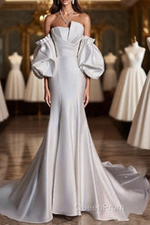 Sexy Mermaid Strapless Short Sleeves White Satin Wedding Dresses Brides Dresses