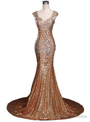 Sexy Mermaid V-neck Sequins Crystal Floor Length Prom Dress