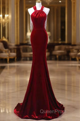 Sexy Mermaid Velvet Party Dresses Red Evening Prom Dresses