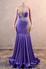 Sexy Purple Mermaid Prom Dresses Heavily Beading Women Evening Dresses Halter Neck