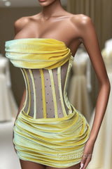 Sexy Strapless Yellow Velvet Evening Prom Dresses ,Charming Homecoming Dresses