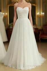 Sexy Sweetheat White Tulle Long Wedding Dresses,