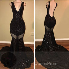 Sexy V-Neck Black Sequined Burgundy Evening Prom Dresses