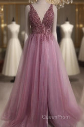 Sexy V Neck Split Tulle Long Beaded Dresses