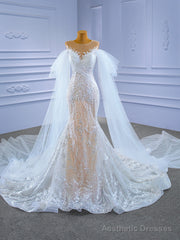 Sexy White Tulle Mermaid Appliques Pearls Wedding Dress