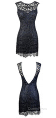 Sheath Bateau Backless Short Homecoming Navy Blue Lace Mother Of The Bride Dresses