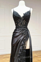 Sheath Black Long Appliques Evening Prom Dresses