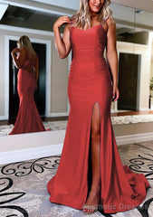 Sheath/Column Bateau Sweep Train Sleeveless Silk like Satin Prom Dresses With Pleated Split