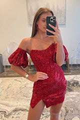 Sheath/Column Detachable Sleeves Sequins Burgundy Short Homecoming Dress