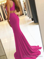 Sheath/Column Halter Sweep Train Jersey Prom Dresses With Leg Slit