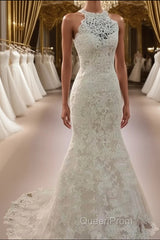 Sheath/Column Halter Sweep Train Lace Wedding Dresses
