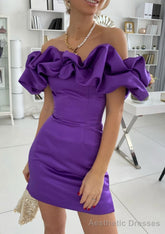 Sheath/Column Off-the-Shoulder Sleeveless Satin Short/Mini Homecoming Dresses With Ruffles
