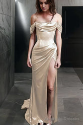 Sheath Off-the-Shoulder Sweep Train Silk like Satin Prom Dresses With Leg Slit
