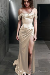 Sheath Off-the-Shoulder Sweep Train Silk like Satin Prom Dresses With Leg Slit