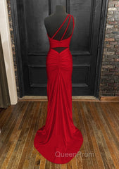Sheath/Column One-Shoulder Sleeveless Jersey Long/Floor-Length Red Evening Prom Dresses With Pleated Split