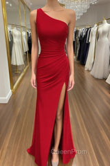 Sheath/Column One-Shoulder Sleeveless Jersey Long/Floor-Length Red Evening Prom Dresses With Pleated Split