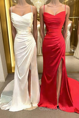 Sheath/Column Spaghetti Straps Sweep Train Elastic Woven Satin Evening Prom Dresses With Leg Slit