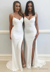 Sheath/Column Sweetheart Sleeveless Sweep Train Jersey Prom Dresses With Split Pleated