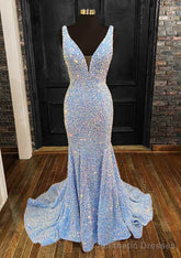 Sheath/Column Trumpet/Mermaid V Neck Sleeveless Velvet Sequins Sweep Train Prom Dresses